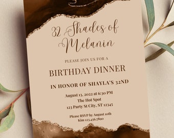 Editable Shades of Melanin Birthday Dinner Invitation, Shades of Brown, Agate Birthday Invitation, Printable or Text Invite