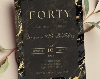 Editable Black and Gold Birthday Invitation, Black Marble Invitation, Luxury, Printable or Digital Invitation