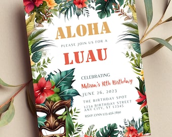 Editable Luau Birthday Invitation, Aloha, Hawaiian Invitation, Luau Party, Tropical, Floral, Tiki, Print or Text Invite