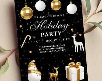 Könnte beinhalten: Eine schwarze und goldene Weihnachtsfeier-Einladung mit weißem Hintergrund. Die Einladung zeigt einen goldenen Zuckerstock, einen Schneemann, ein Rentier, eine Geschenkbox und Kugeln. Der Text auf der Einladung lautet "Bitte schließen Sie sich uns zu einer Weihnachtsfeier an, Sa 17. Dez. | 20:00 Uhr, Die Residenz der Smiths, 123 Christmas Avenue, Houston, Texas 12345."