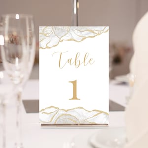 Números de mesa para impressão, modelo de números de mesa brancos e dourados, números de mesa de casamento, festa, gala, decoração de mesa, editável