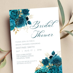 Editable Bridal Shower Invitation, Teal and Gold Floral Bridal Shower Invite, Printable or Text Invite