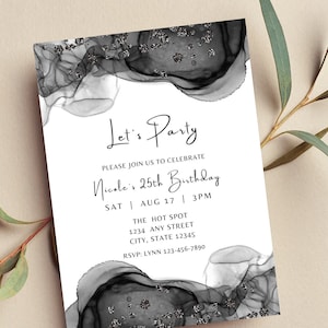 Editable Let&#39;s Party Birthday Invitation, Black and White Invite, Printable or Text Invite
