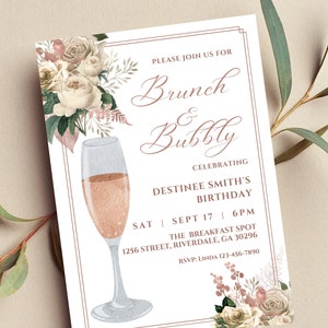 Editable Birthday Brunch and Bubbly Invitation, Brunch Invitation, Let&#39;s Brunch, Rose Gold Floral, Printable or Text Invite