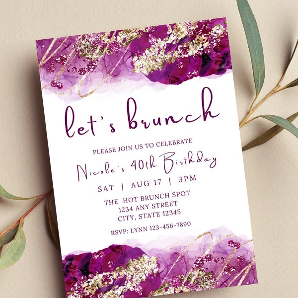 Editable Brunch Invitation. Let's Brunch, Purple and Gold Invite, Birthday Brunch, Printable or Text Invite