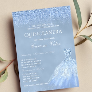 Editable Blue Quinceañera Invitation, Mis Quince Anos, Glam, Printable or Text Invite