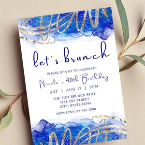 Invito per brunch modificabile, Facciamo brunch, Invito blu e oro, Brunch di compleanno, Invito stampabile o con testo