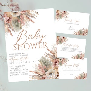 Bearbeitbares Boho-Babyparty-Einladungs-Bundle Gender Neutral, Pampas, Boho Floral, Printable oder Text Invite