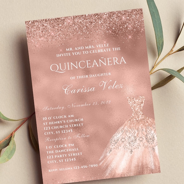 Editable Rose Gold Quinceañera Invitation, Mis Quince Anos, Glam, Glitter, Printable or Text Invite