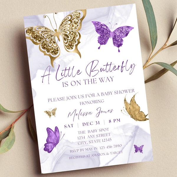 Editable Butterfly Baby Shower Invitation, A Little Butterfly is on the Way, Purple and Gold Butterflies, Printable or Text Invite