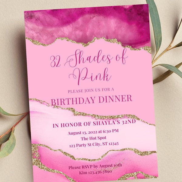 Tonos editables de invitación rosa, invitación de cena de cumpleaños de ágata, imprimible