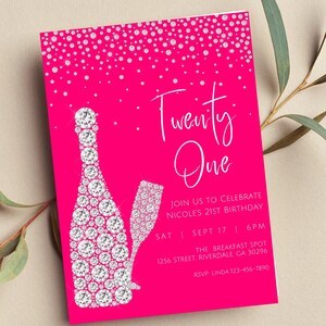 Editable 21st Birthday Invitation, Pink and Silver, Glam, Printable or Digital Invite