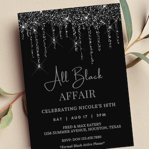 Editable All Black Affair Invitation, All Black Party Invitation, Glam Glitter, Formal Attire Invite, Printable or Digital