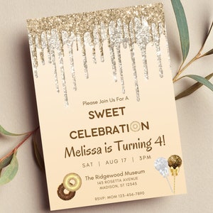 Editable Sweet Celebration Birthday Invitation, Dripping Frosting Glam Icing, Ice Cream, Cake Pop, Donut, Kid&#39;s Invite, Print, Text Invite