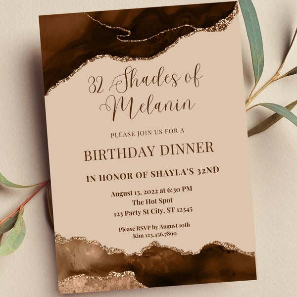 Bearbeitbare Shades of Melanin Birthday Dinner Einladung, Shades of Brown, Achat Geburtstagseinladung, Printable oder Text Invite