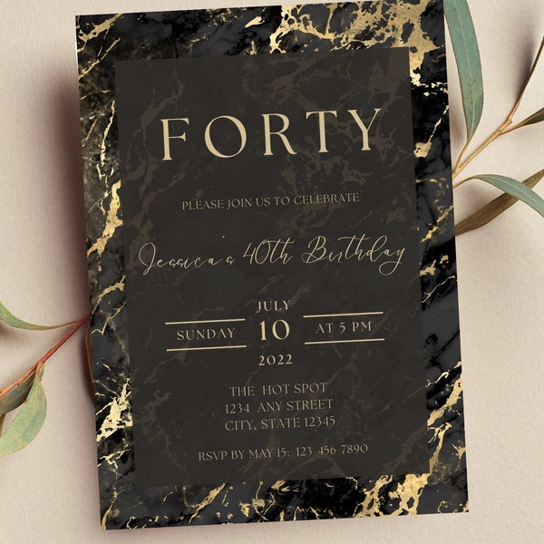 Editable Black and Gold Birthday Invitation, Black Marble Invitation, Luxury, Printable or Text Invite