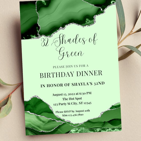 Editable Shades of Green Invitation, Green and Silver, Birthday Dinner Invitation, Printable or Text Invite
