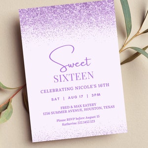 Editable Sweet 16 Birthday Invitation, Purple and White, Glitter, Printable or Digital invitation