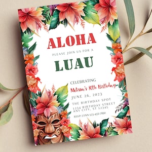 Editable Luau Birthday Invitation, Aloha, Hawaiian Invitation, Luau Party, Tropical, Floral, Tiki, Print or Text Invite