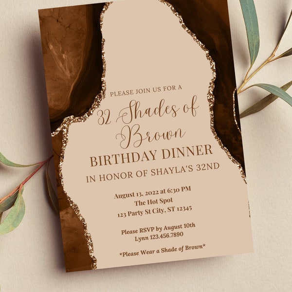 Editable Shades of Brown Birthday Dinner Invitation, Brown Invitation, Nude, Shades of Melanin, Brown Agate, Printable or Text Invite