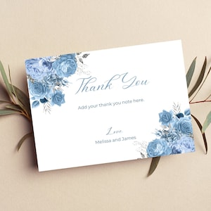 Tarjeta de agradecimiento imprimible, nota de agradecimiento floral azul bebé y plata editable, tarjeta de agradecimiento de cualquier ocasión, imprimible