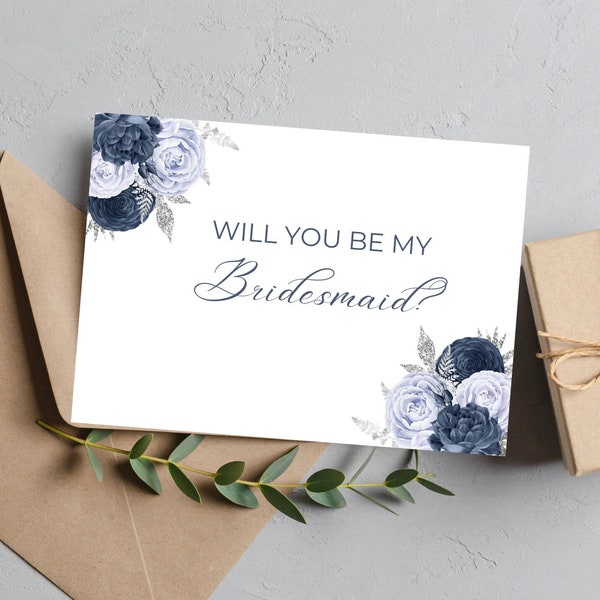 Editable Bridesmaid Proposal Card, Dusty Blue and Silver Floral Bridesmaid Proposal, Will You Be My Bridesmaid, Maid of Honor, Printable