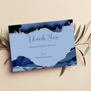 Printable Thank You Card, Blue and Silver Thank You Note, Editable, Blue Agate, Any Occasion Thank You Card