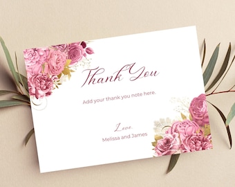 Printable Thank You Card, Editable Pink and Gold Floral Thank You Note, Any Occasion Thank You Card