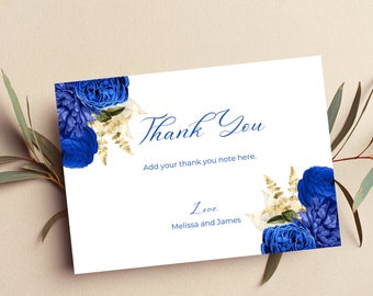 Printable Thank You Card, Editable Royal Blue and Gold Floral Thank You Note, Any Occasion Thank You Card