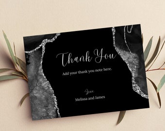 Printable Thank You Card, Editable Black and Silver Thank You Note, Black Agate, Any Occasion Thank You Card, Printable