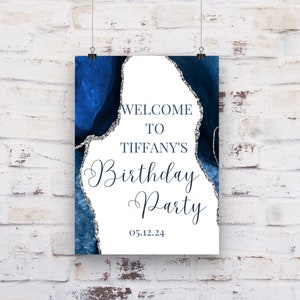 Editable Blue and White Birthday Welcome Sign, Agate Birthday Welcome Sign, Printable Instant Download