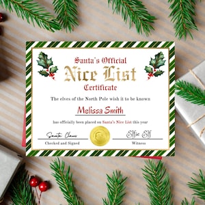 Certificato modificabile della lista di Babbo Natale, posta del Polo Nord, regalo di Natale per ragazzi e ragazze, imbottitura per calze, certificato stampabile