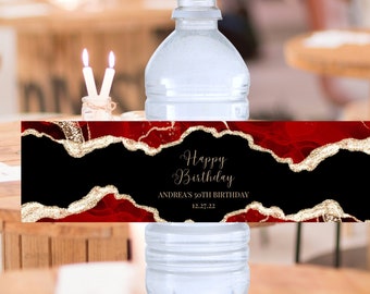 Editable Water Bottle Label Template, Red Gold, and Black, Party Favor, Birthday, Wedding, Baby Shower, Printable, Instant Download