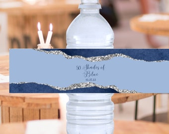 Modello di etichetta per bottiglia d'acqua in tonalità modificabili di blu, blu e argento, bomboniera, compleanno, matrimonio, baby shower, stampabile, istantaneo