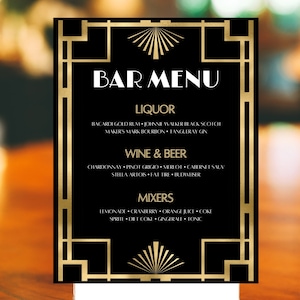 Edytowalny szablon karty menu baru Gatsby, menu baru Roaring 20s, Harlem Nights, menu w pełnym rozmiarze, menu stołowe, menu kolacyjne, do druku