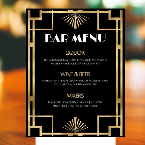 Editable Gatsby Bar Menu Card Template, Roaring 20s Bar Menu, Harlem Nights, Full Size Menu, Table Menu, Dinner Menu, Printable