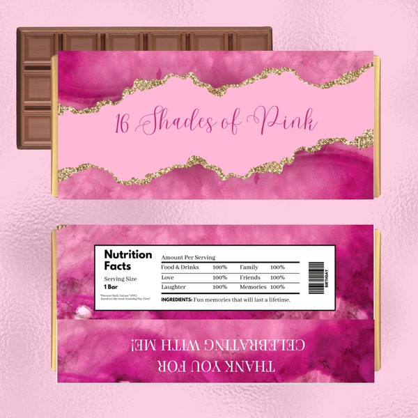 Bearbeitbare Shades of Pink Candy Bar Label, Schokoriegel, Pink und Gold, Mitbringsel, Geburtstag, Hochzeit, Babyparty, druckbar, digitale Datei