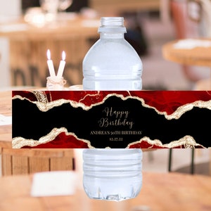 Editable Water Bottle Label Template, Red Gold, and Black, Party Favor, Birthday, Wedding, Baby Shower, Printable, Instant Download