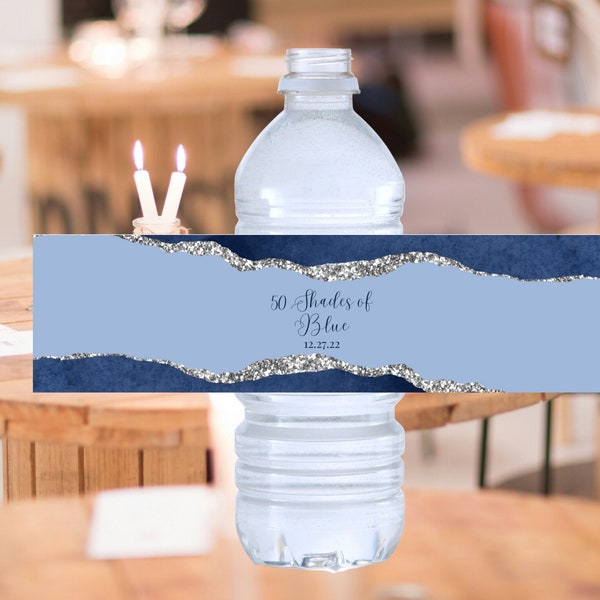 Editable Shades of Blue Water Bottle Label Template, Blue and Silver, Party Favor, Birthday, Wedding, Baby Shower, Printable, Instant
