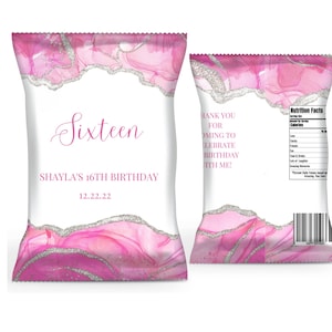 Editable Birthday Chip Bag Template, Pink and White Chip Bag, Party Decor, Party Favor, Printable