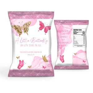 Babyparty-Chip-Tasche, ein kleiner Schmetterling ist unterwegs, rosa und goldene Schmetterlinge, Party-Dekoration, Mitbringsel, bedruckbar