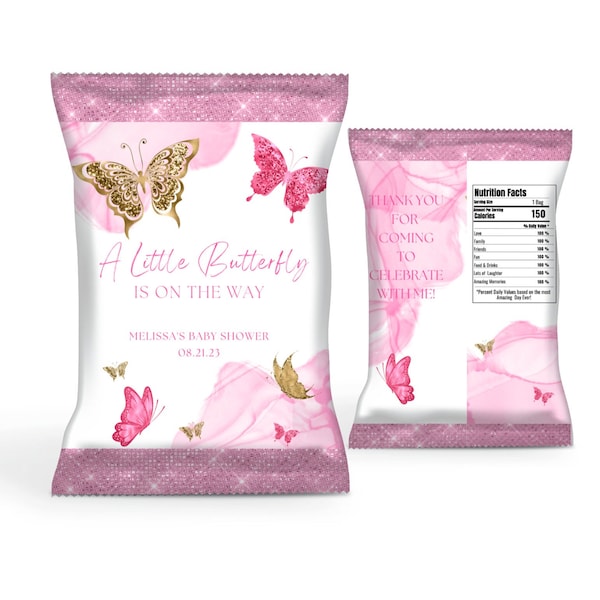 Editable Baby Shower Chip Bag, A Little Butterfly is on the Way, Pink and Gold Butterflies, Party Decor, Party Favor, Printable