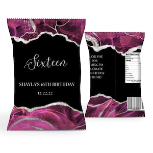 Editable Birthday Chip Bag, Pink, Silver and Black Chip Bag, Party Decor, Party Favor, Printable