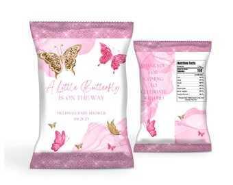 Editable Baby Shower Chip Bag, A Little Butterfly is on the Way, Pink and Gold Butterflies, Party Decor, Party Favor, Printable