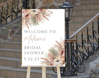 Bewerkbaar welkomstbord voor een vrijgezellenfeest, pampasmotief, boho bloemenstijl, entreebord, printbaar, digitale download