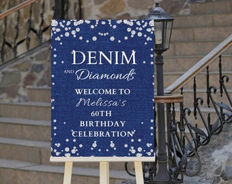 Editable Denim and Diamonds Birthday Welcome Sign, Denim, Blue Jeans, Glam, Welcome Poster, Printable Instant Download
