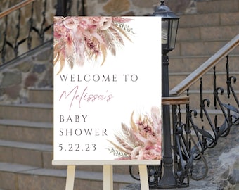 Bewerkbaar roze boho babyshower welkomstbord, pampa's, boho bloemen, bruids douche, verjaardag, bruiloft, welkom bij bord, afdrukbaar, download