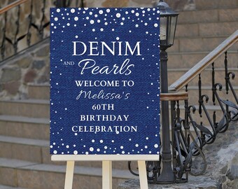 Panneau de bienvenue d'anniversaire personnalisable « Denim et perles », style jean, glamour, à imprimer instantanément