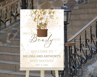 Editable We Can Bearly Wait Baby Shower Welcome Sign Teddy Bear and Hot Air Balloon Brown and White Gender Neutral Printable