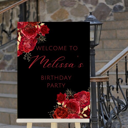 Editable Red and Gold Birthday Welcome Sign Birthday Party - Etsy